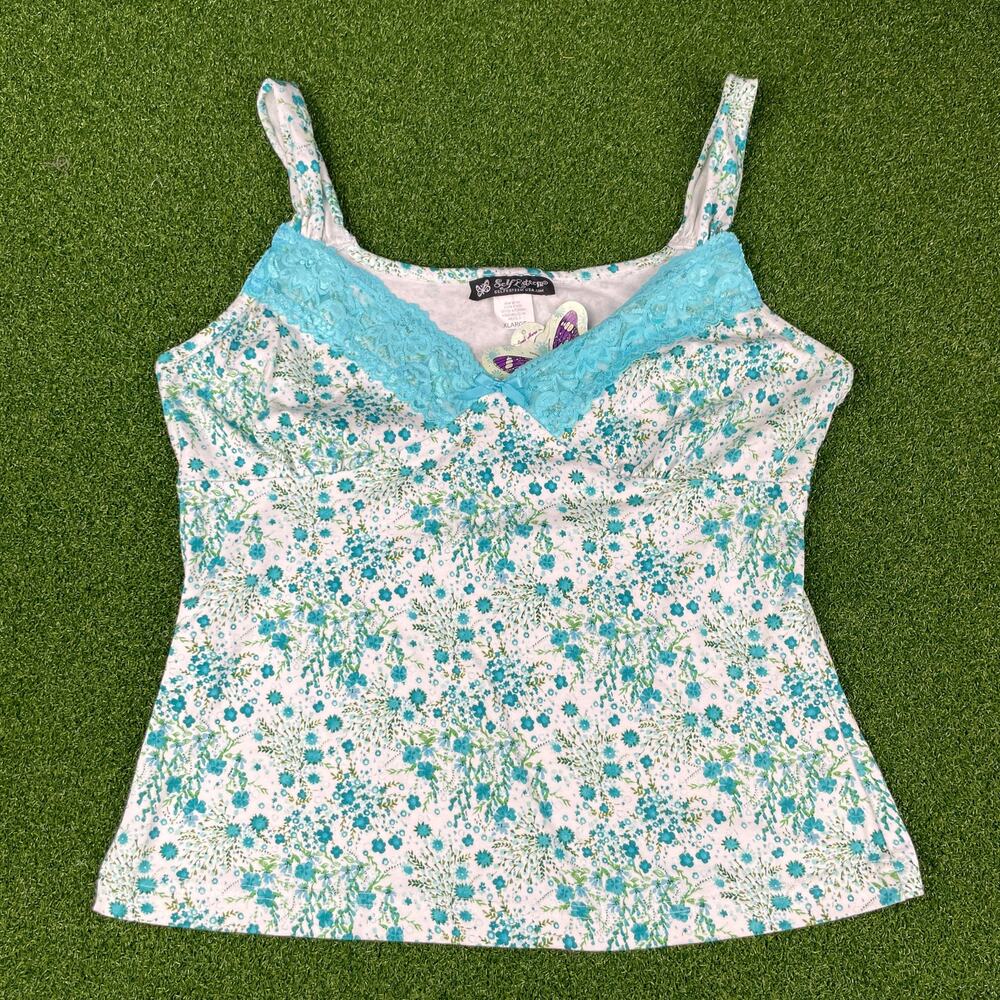 Vintage Y2K NWT Self Esteem Blue Floral Lace Trim Tank Top Sz XL